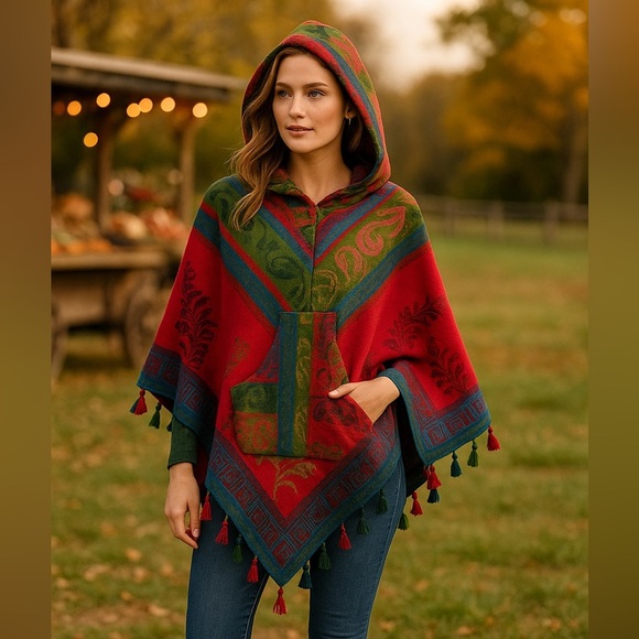 Siddhartha Women's Colorful Pullover Hooded Knit Poncho - Red Blue - One Size - Picture 1 of 5